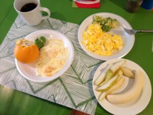 My 5 block breakfast is the two plates on the right while Elizabeth's 3 block breakfast is on the left.